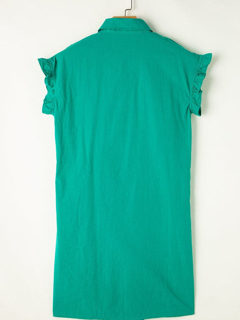 Vibrant Green Ruffle Sleeve Button-Up Mini Dress