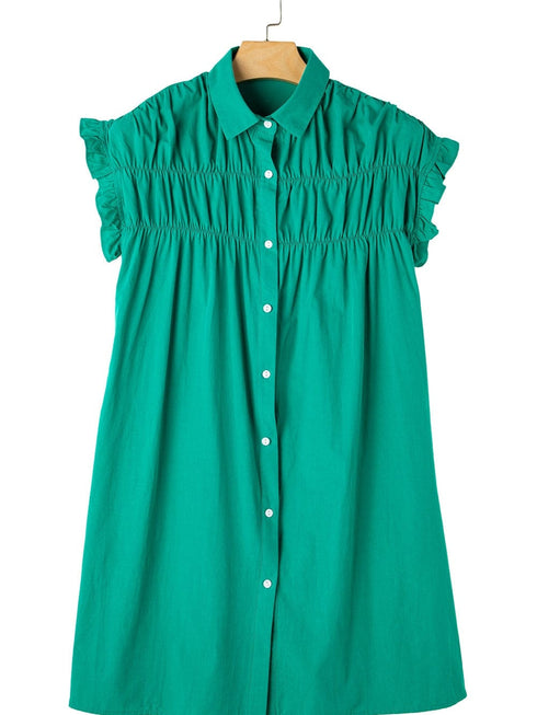 Vibrant Green Ruffle Sleeve Button-Up Mini Dress