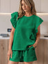 Vibrant Green Textured Ruffle Sleeve Top and Shorts Ensemble
