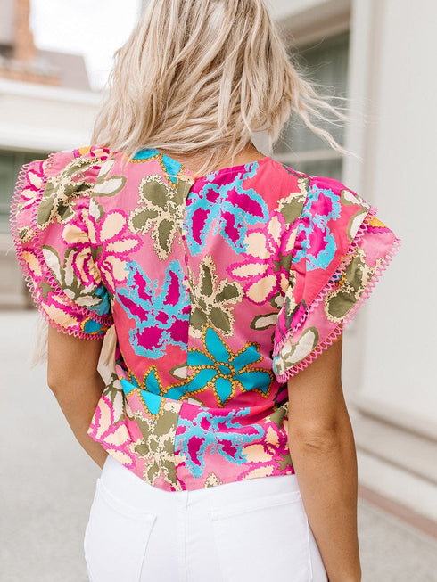 Vibrant Multicolored Floral Ruffle Sleeve Top