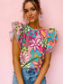 Vibrant Multicolored Floral Ruffle Sleeve Top