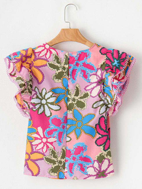 Vibrant Multicolored Floral Ruffle Sleeve Top