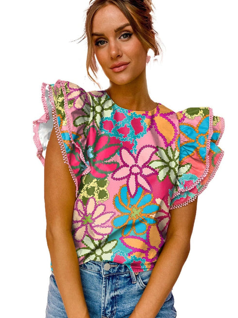 Vibrant Multicolored Floral Ruffle Sleeve Top