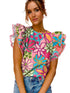 Vibrant Multicolored Floral Ruffle Sleeve Top