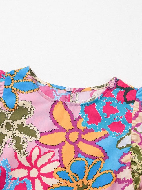 Vibrant Multicolored Floral Ruffle Sleeve Top