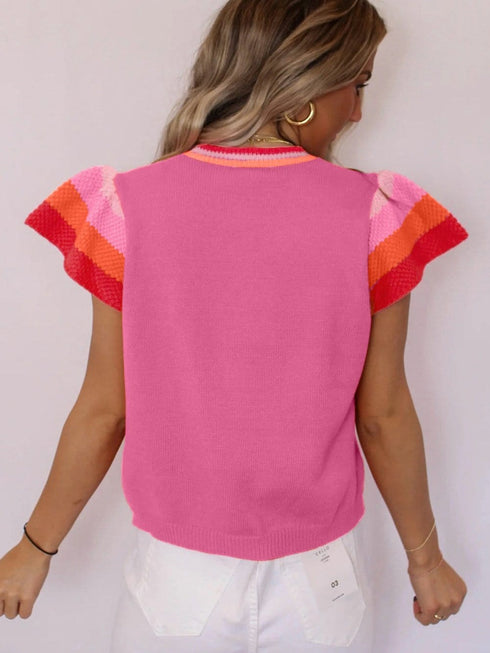 Vibrant Pink Ruffle Sleeve Knit Sweater Tee