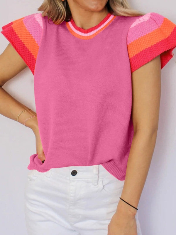 Vibrant Pink Ruffle Sleeve Knit Sweater Tee