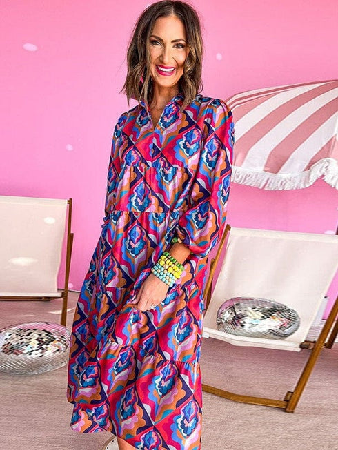 Vibrant Print Flared Sleeves Holiday Maxi Dress
