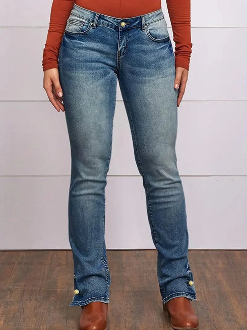 Vintage Embroidered Patchwork Bootcut Button Side Split Denim Jeans