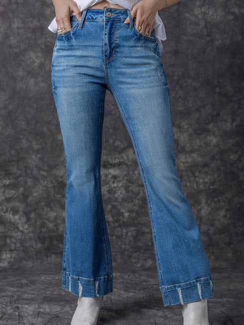 Vintage Embroidered Patchwork Bootcut Button Side Split Denim Jeans