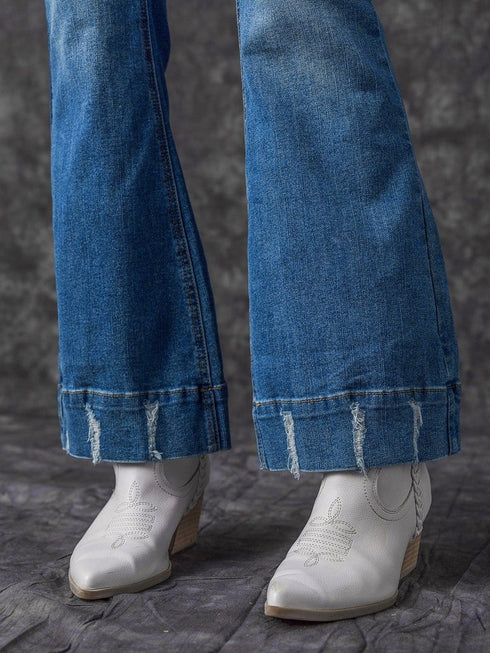 Vintage Embroidered Patchwork Bootcut Button Side Split Denim Jeans