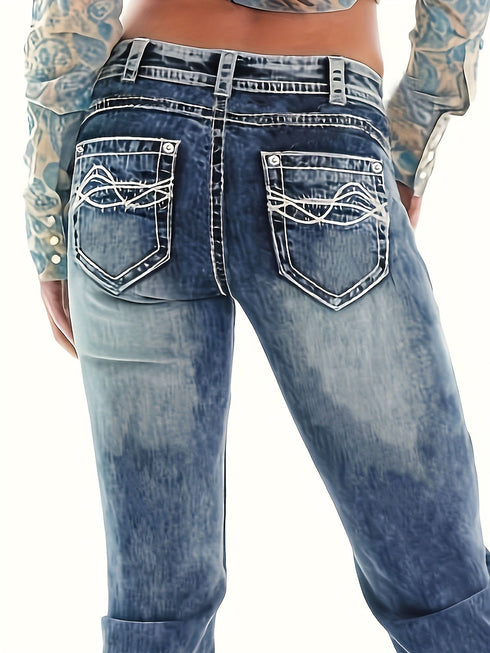Vintage Ivory Top-Stitching Mid-Rise Boot Cut Denim Jeans