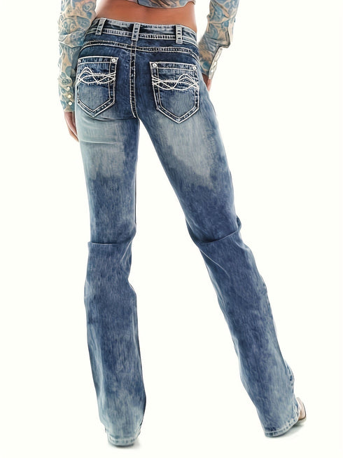 Vintage Ivory Top-Stitching Mid-Rise Boot Cut Denim Jeans