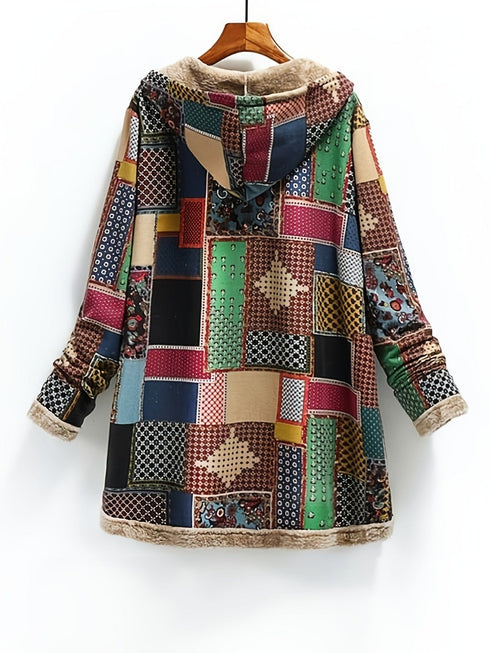 Vintage Patchwork Printed Long Sleeve Button-Up Hooded Coat
