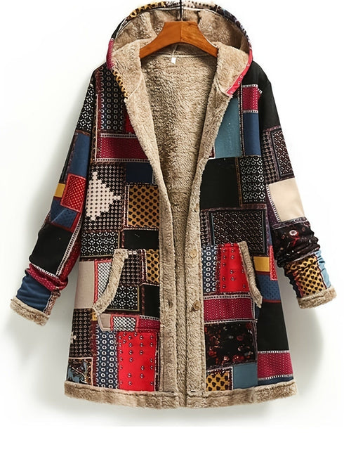 Vintage Patchwork Printed Long Sleeve Button-Up Hooded Coat