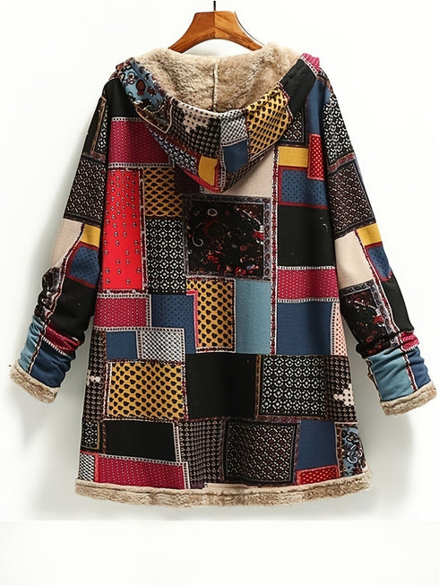 Vintage Patchwork Printed Long Sleeve Button-Up Hooded Coat