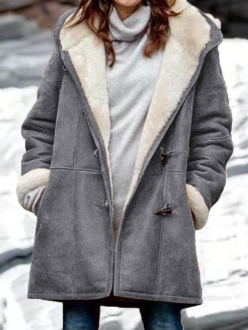 Warm and Stylish Plush Horn Button Hooded Coat with Pockets