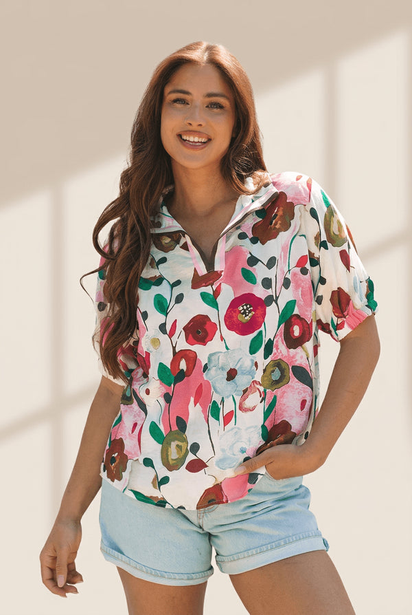 Women's Watercolor Floral V-Neck Shift Blouse with Puff Sleeves