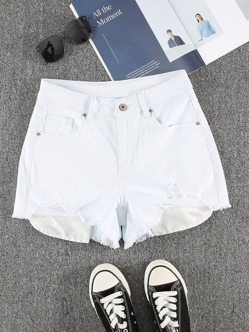 White Distressed Frayed Denim Shorts