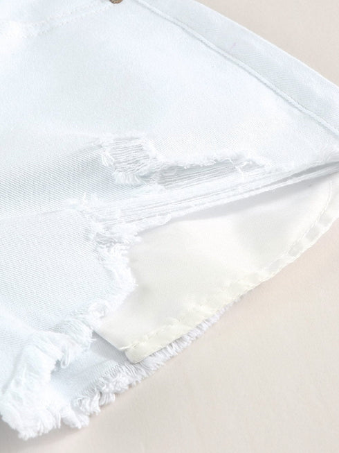 White Distressed Frayed Denim Shorts