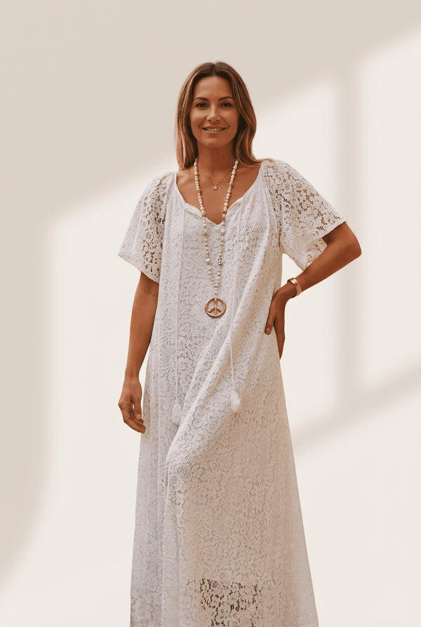 White Floral Lace Maxi Dress with Tassel Tie & Short Sleeves