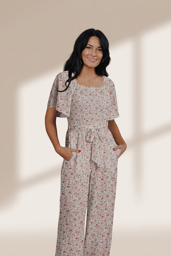 Women's White Floral Smocked Jumpsuit with Flutter Sleeves