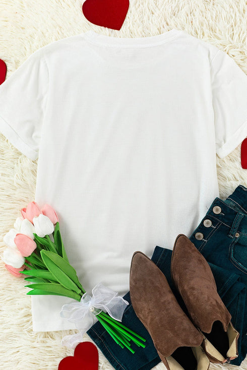 White Heart Print Western Graphic Tee for Valentine's Day