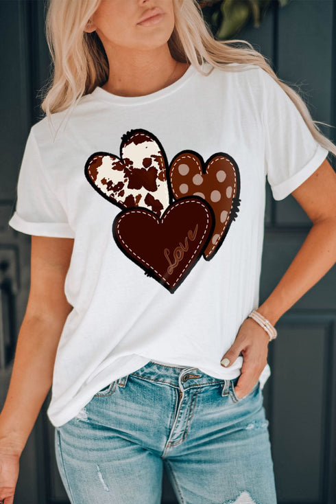 White Heart Print Western Graphic Tee for Valentine's Day
