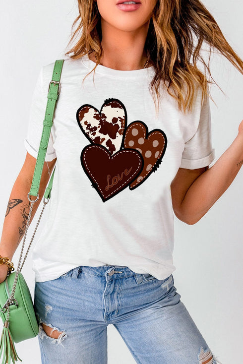 White Heart Print Western Graphic Tee for Valentine's Day