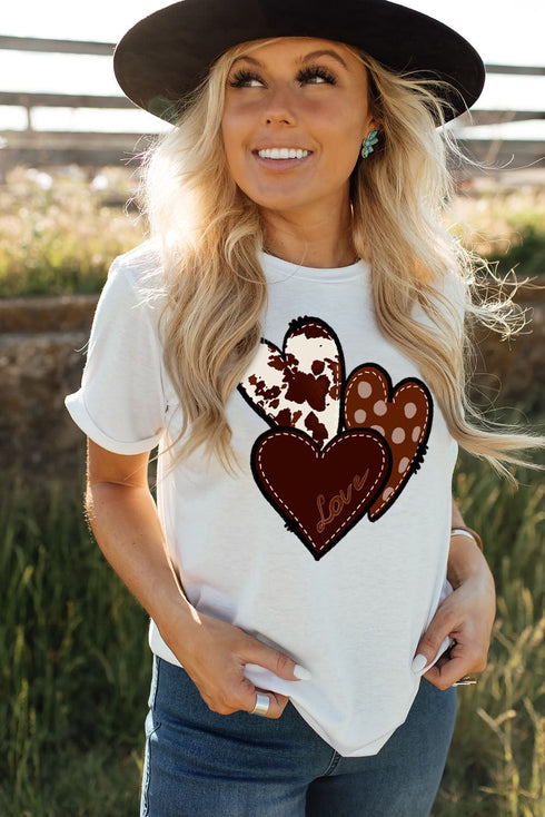 White Heart Print Western Graphic Tee for Valentine's Day