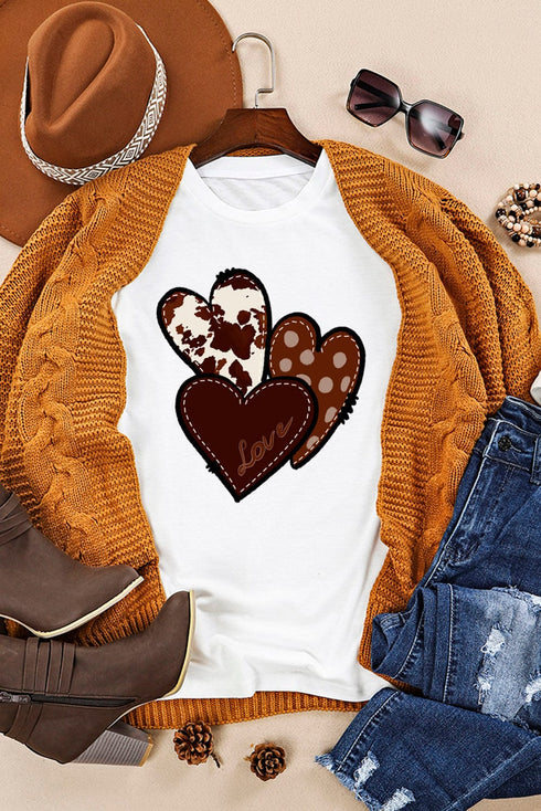 White Heart Print Western Graphic Tee for Valentine's Day