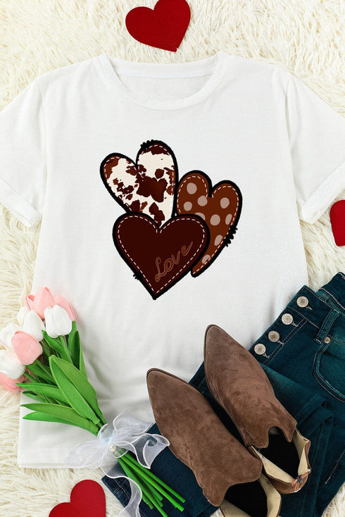 White Heart Print Western Graphic Tee for Valentine's Day