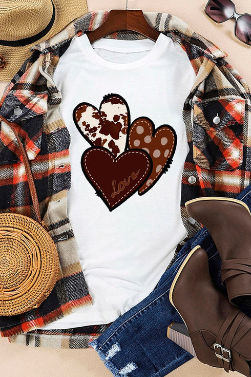 White Heart Print Western Graphic Tee for Valentine's Day
