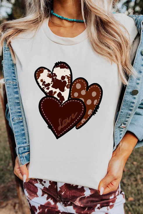 White Heart Print Western Graphic Tee for Valentine's Day