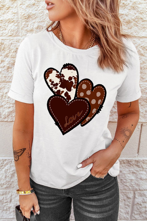White Heart Print Western Graphic Tee for Valentine's Day