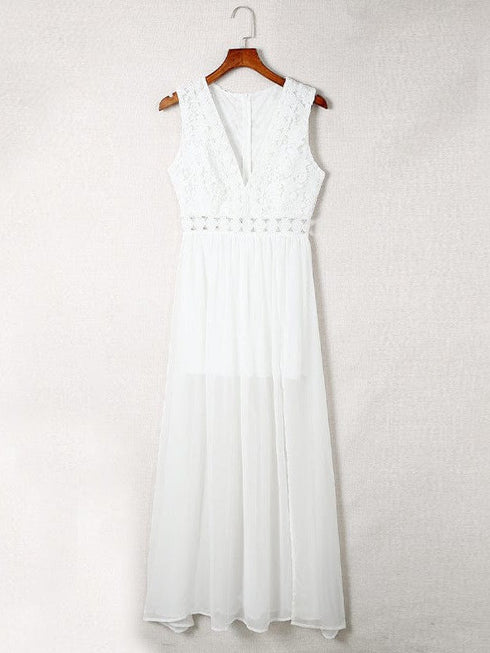 White Lace Hollow Sleeveless V-Neck Maxi Dress