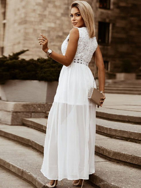 White Lace Hollow Sleeveless V-Neck Maxi Dress