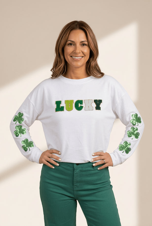 Women's White Long Sleeve LUCKY Top with Sequin Clovers
