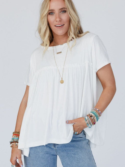 White Ruffle Detailed Relaxed Fit Babydoll T-shirt