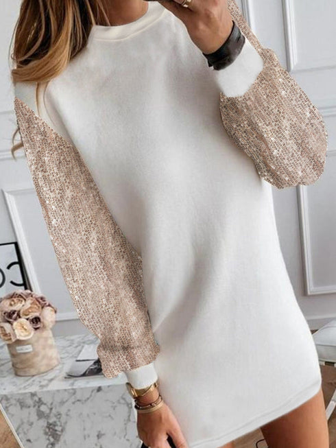 White Sparkle Bubble Sleeve Tiered Shift Dress