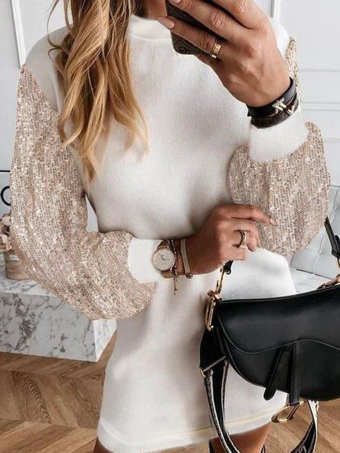 White Sparkle Bubble Sleeve Tiered Shift Dress
