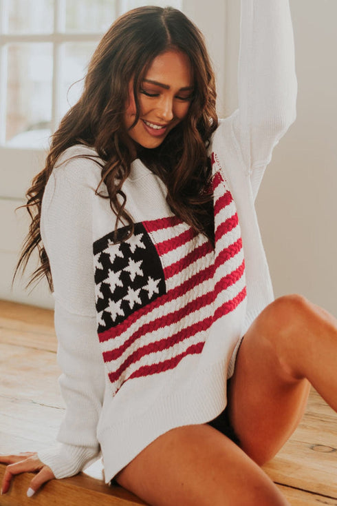 White Striped American Flag Knit Sweater with Drop Shoulder