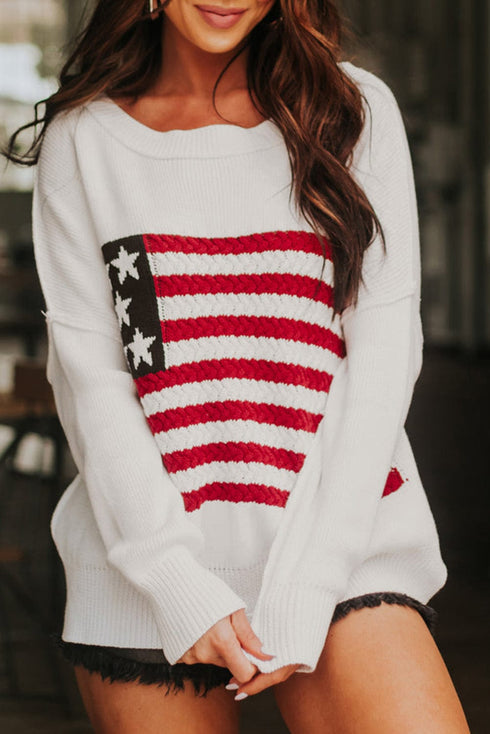 White Striped American Flag Knit Sweater with Drop Shoulder