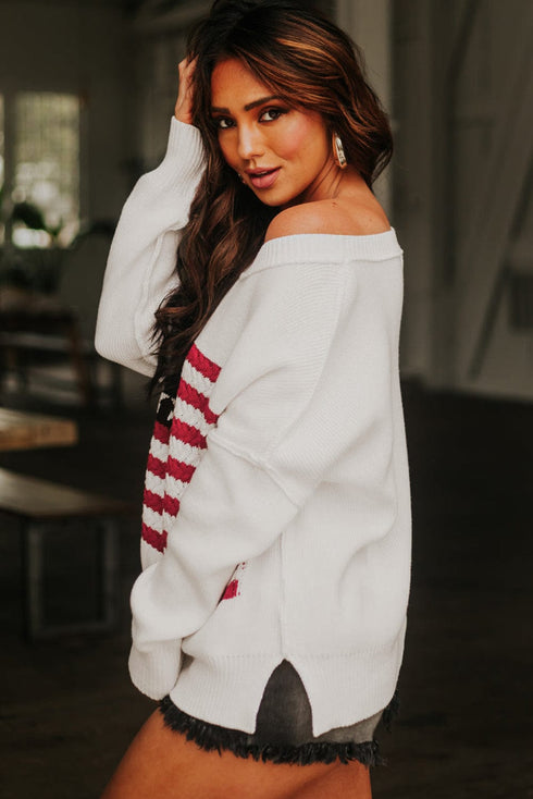 White Striped American Flag Knit Sweater with Drop Shoulder