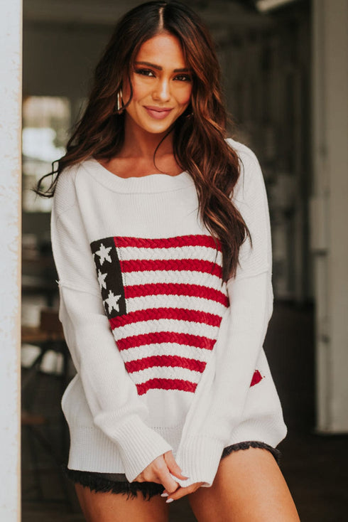 White Striped American Flag Knit Sweater with Drop Shoulder