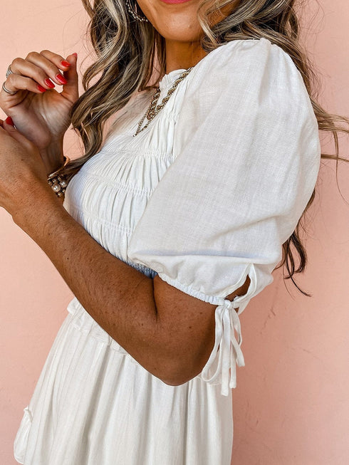 White Tie Ruffle Mini Dress with Puff Sleeves