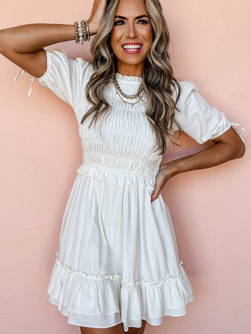 White Tie Ruffle Mini Dress with Puff Sleeves