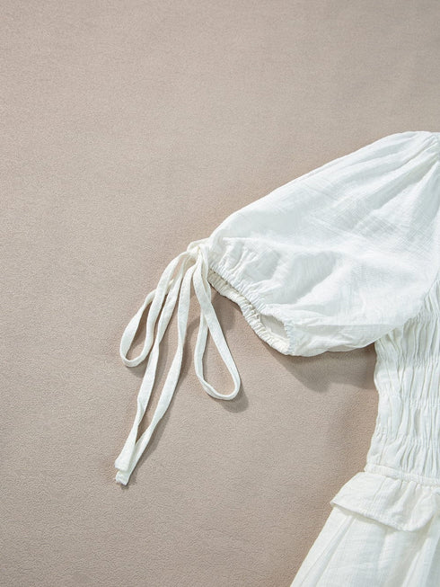 White Tie Ruffle Mini Dress with Puff Sleeves