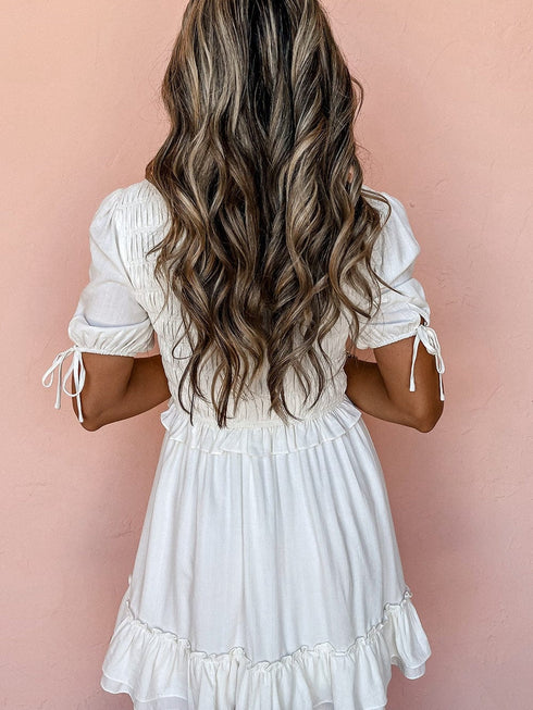White Tie Ruffle Mini Dress with Puff Sleeves