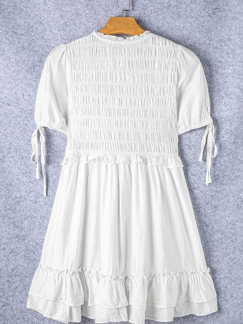 White Tie Ruffle Mini Dress with Puff Sleeves